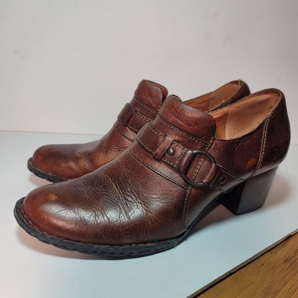 Born Women's Haddon Brown Leather Slip-On Low Ankle Block Heels Booties US 10 - Picture 1 of 13